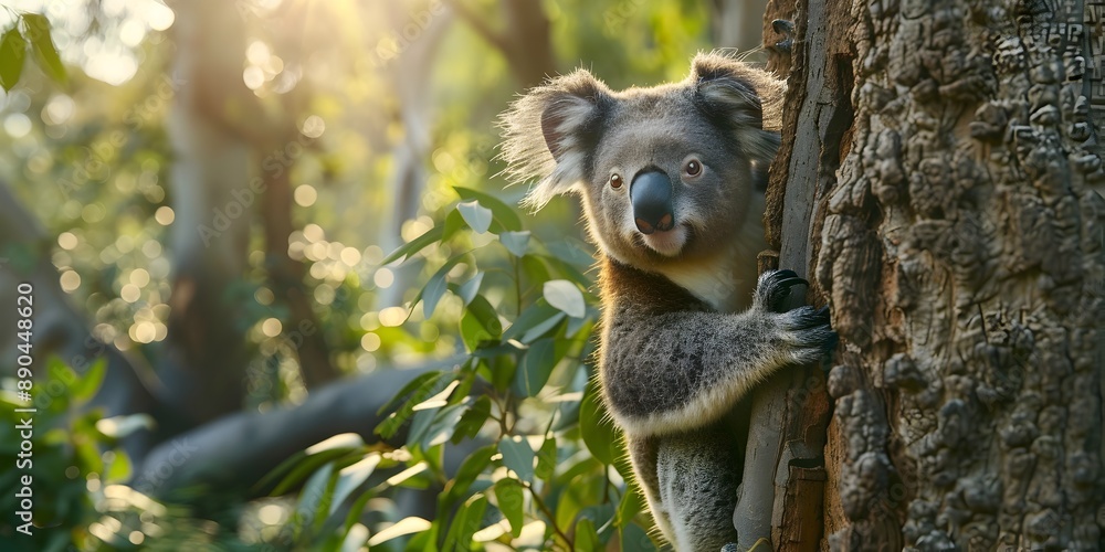 Fototapeta premium Gentle Koala Clinging to Eucalyptus Tree in Lush Forest Habitat