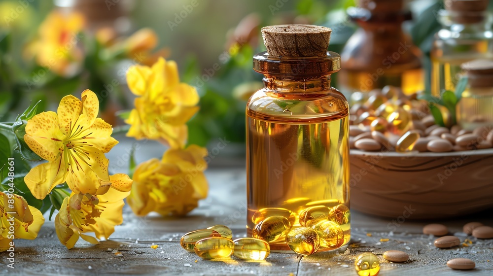 A bottle of evening primrose oil capsules, placed beside fresh flowers and skincare products A bottle of evening primrose oil capsules, placed beside fresh flowers and skincare products