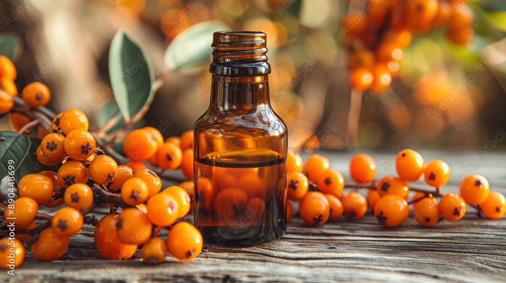 A bottle of sea buckthorn oil capsules, placed among fresh sea buckthorn berries A bottle of sea buckthorn oil capsules, placed among fresh sea buckthorn berries