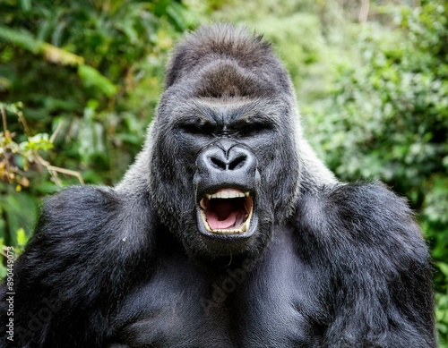 Großer Silberrücken Gorilla, wütendes, kraftvolles Tier, das im Dschungel brüllt. Starker, aggressiver Biest mit Zähnen, King Kong photo