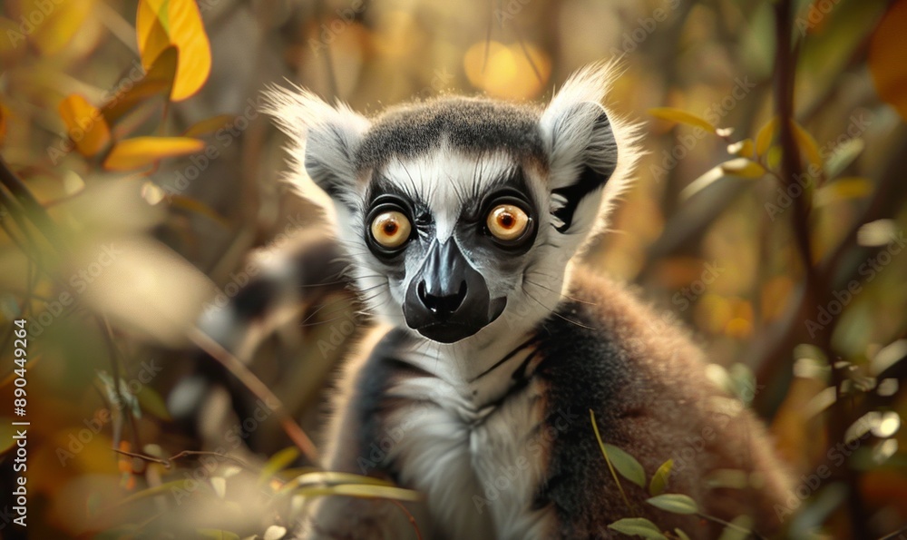 Lemur in a Madagascan forest, wide eyes and ringed tail, wild animals in their natural habitat Lemur in a Madagascan forest, wide eyes and ringed tail, wild animals in their natural habitat