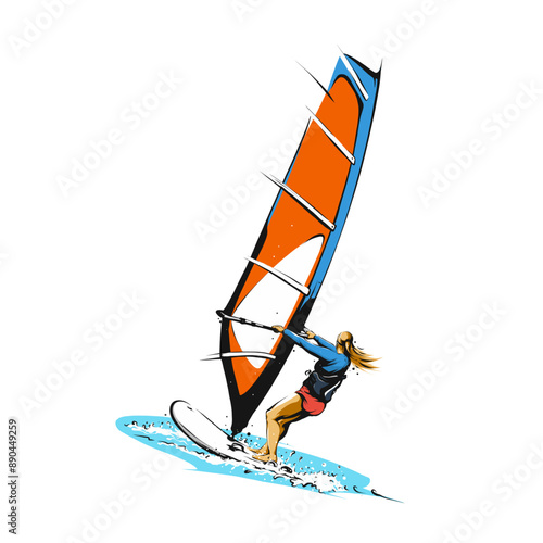 Riding the Waves: A Vector Illustration of a Female Windsurfer in Action