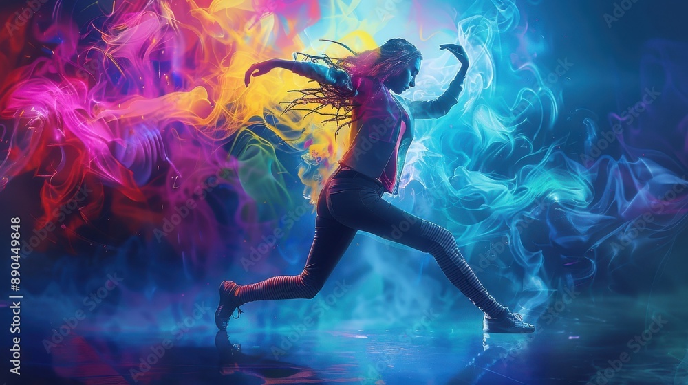 Vibrant dance competition, energetic pose, realistic studio setting, high detail and vivid colors Vibrant dance competition, energetic pose, realistic studio setting, high detail and vivid colors
