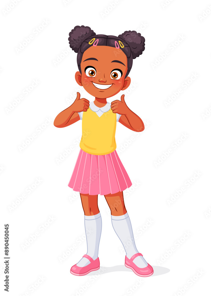Little African American girl showing thumbs up. Cartoon vector illustration. Little African American girl showing thumbs up. Cartoon vector illustration.