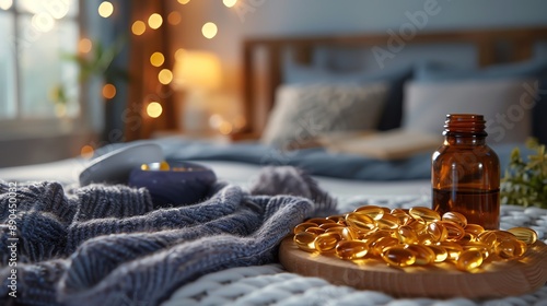 Evening primrose oil capsules displayed with a calming bedtime routine setup