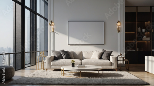 Empty white signboard in white modern living room, Ready to use, Template, Mock up poster in living room. photo