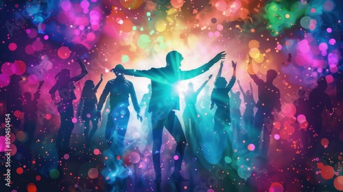 Theatre actors under vibrant lights, abstract background art, realistic studio quality, dynamic composition