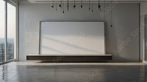 Empty white signboard in white modern living room, Ready to use, Template, Mock up poster in living room. photo