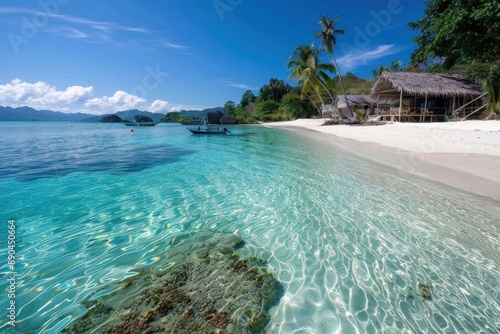 A serene beach scene featuring thatched huts along the shoreline, tranquil blue waters, and lush greenery, creating a peaceful and relaxing atmosphere. photo