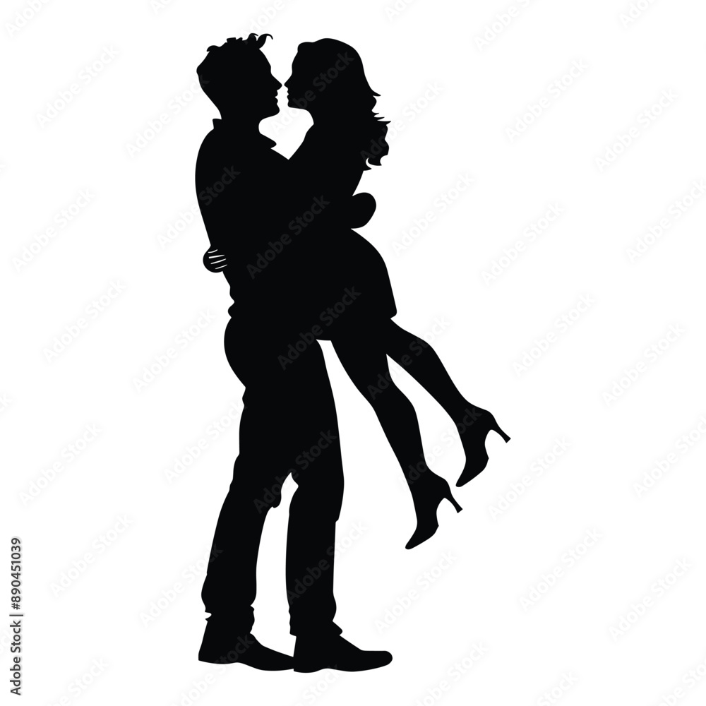 Silhouette of a man holding a woman in his arms, romantic love couple, passionate, embrace Silhouette of a man holding a woman in his arms, romantic love couple, passionate, embrace