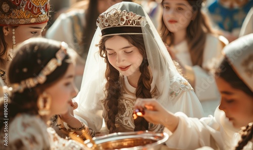 Bat mitzvah ceremony marking a girl's coming-of-age with religious rituals and joyful festivities photo