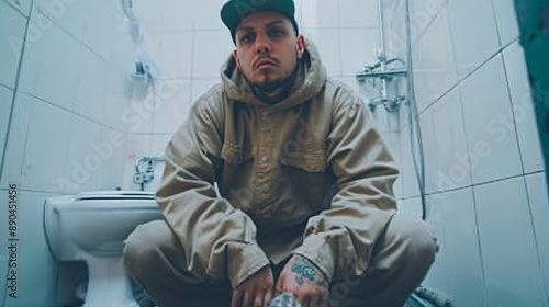 Skilled plumber in professional attire fixing white pipes under the bathroom sink