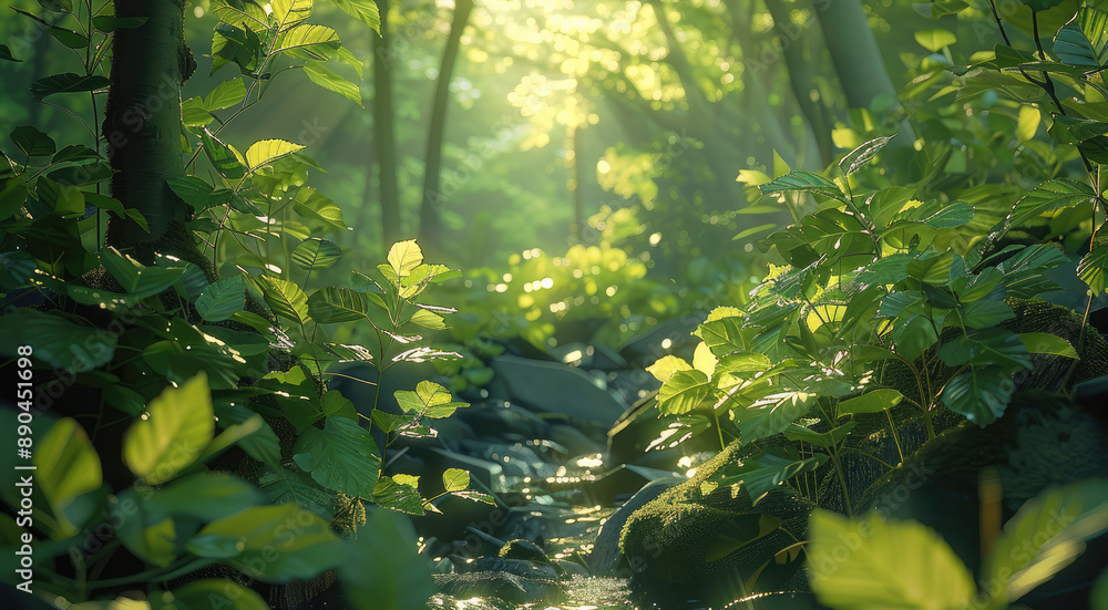 A lush forest, shaded by green trees, with leaves swaying gently in the breeze. The sunlight filtered through the gaps between the leaves. Generative AI. A lush forest, shaded by green trees, with leaves swaying gently in the breeze. The sunlight filtered through the gaps between the leaves. Generative AI.