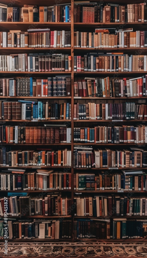 The background is large wooden bookshelves full of books on wall in the library. Knowledge archives The background is large wooden bookshelves full of books on wall in the library. Knowledge archives