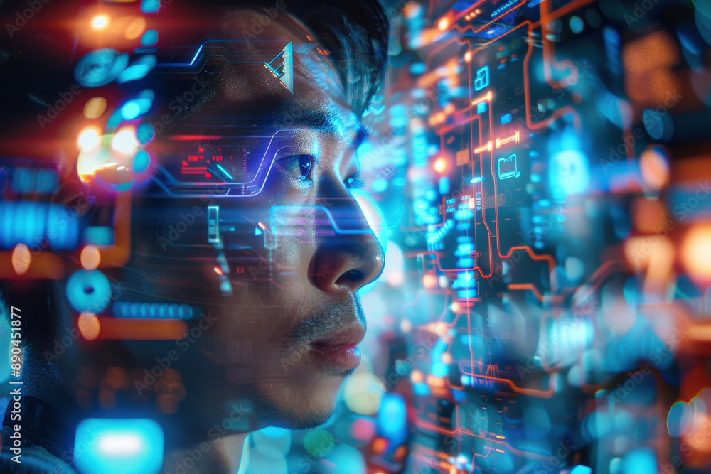 Digital Evening Innovation: Man Immersed in Futuristic Interface Digital Evening Innovation: Man Immersed in Futuristic Interface