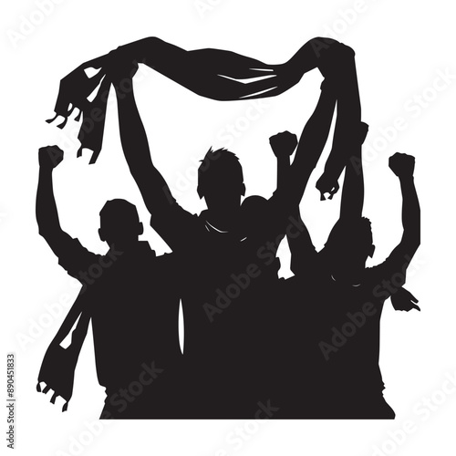 Silhouette of three cheering fans with scarves raised