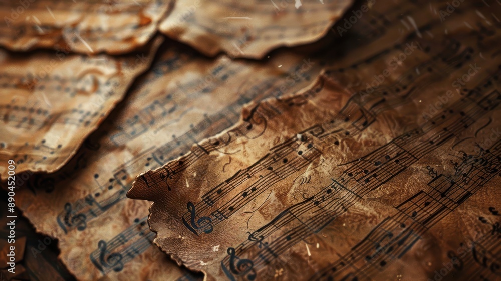 Naklejka premium Vintage music sheets, closeup of handwritten notes, rich textures, studio lighting, realistic setting
