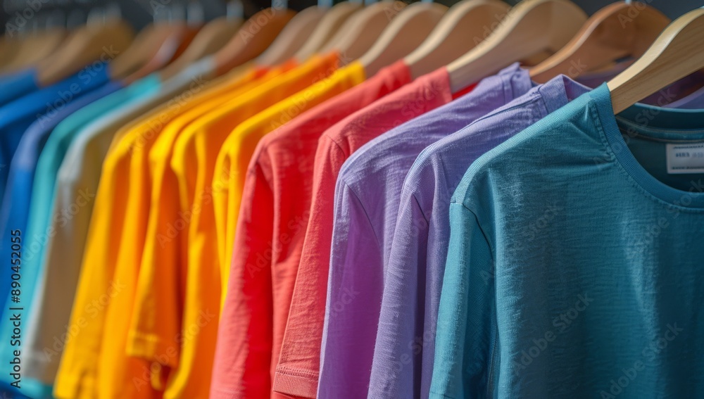 Fototapeta premium Colorful T-Shirts Hanging on Wooden Hangers in a Retail Store
