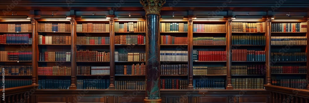 The background is large wooden bookshelves full of books on wall in the library. Knowledge archives The background is large wooden bookshelves full of books on wall in the library. Knowledge archives