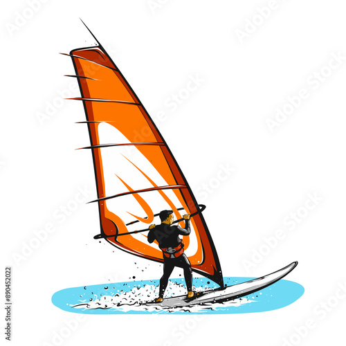 Wave Rider: A Vector Illustration of a Male Windsurfer in Action