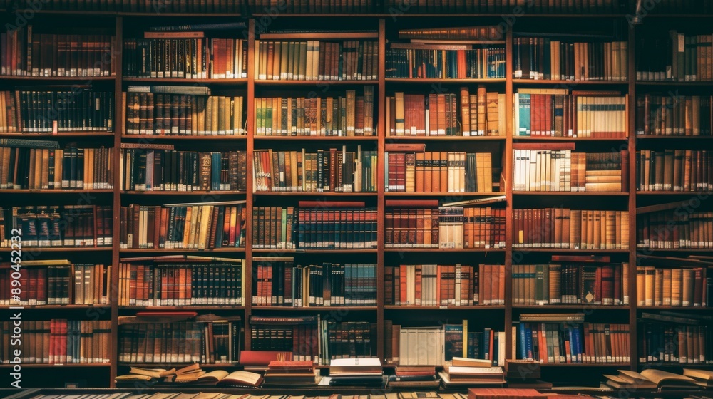 The background is large wooden bookshelves full of books on wall in the library. Knowledge archives The background is large wooden bookshelves full of books on wall in the library. Knowledge archives