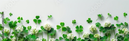 Green Clover Leaves and White Flowers Arranged on a White Background © ArtCookStudio