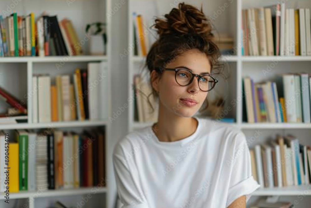 A young woman with glasses, hair in a messy bun, wearing a white t-shirt, gazes thoughtfully while standing in a room filled with bookshelves and various books, exuding a sense of contemplation. A young woman with glasses, hair in a messy bun, wearing a white t-shirt, gazes thoughtfully while standing in a room filled with bookshelves and various books, exuding a sense of contemplation.