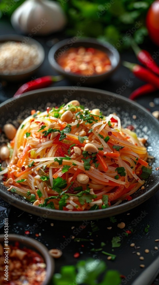 A vibrant plate of Thai Som Tum (Green Papaya Salad) garnished with peanuts, cilantro, and sesame seeds, surrounded by fresh ingredients. A vibrant plate of Thai Som Tum (Green Papaya Salad) garnished with peanuts, cilantro, and sesame seeds, surrounded by fresh ingredients.