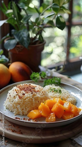 Mango Sticky Rice, a traditional Thai dessert featuring coconut-flavored sticky rice served with fresh mango slices, displayed on a plate. photo