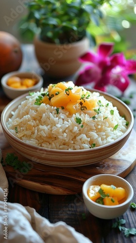 Close-up of traditional Thai Mango Sticky Rice, garnished with fresh mango and green herbs, served in a bowl on a wooden table.