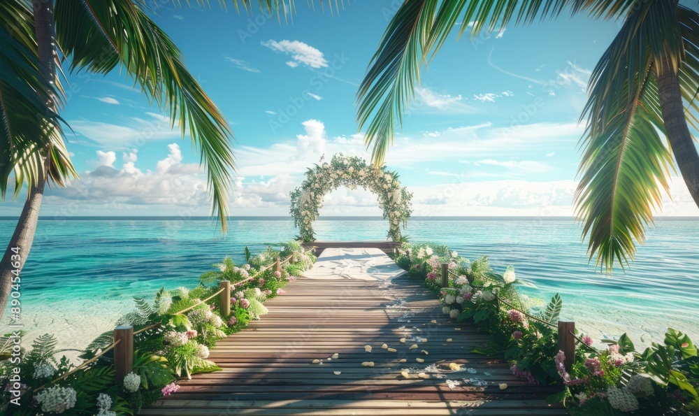 Destination wedding on a tropical island with palm trees and turquoise waters as the backdrop Destination wedding on a tropical island with palm trees and turquoise waters as the backdrop