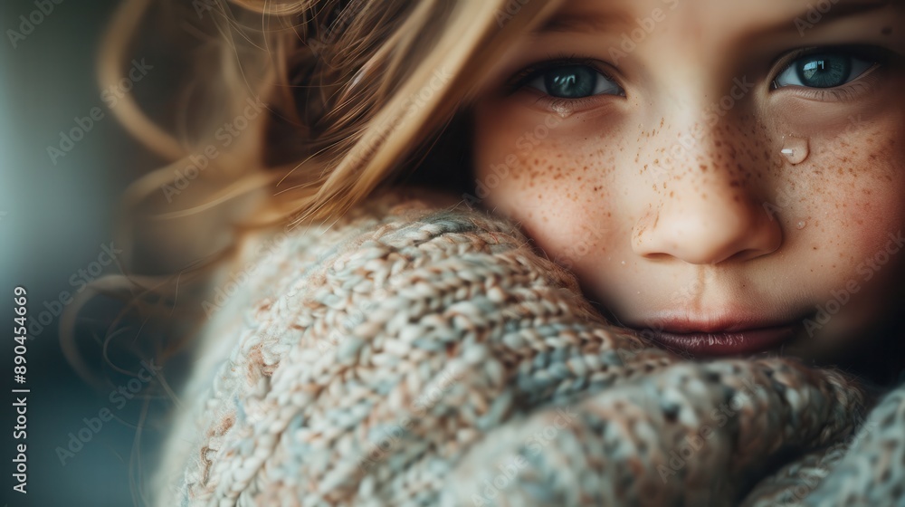 A close-up image of a thoughtful child with a teary eye, wearing a cozy sweater, evoking deep emotions of sadness, tenderness, and the complexity of childhood feelings. A close-up image of a thoughtful child with a teary eye, wearing a cozy sweater, evoking deep emotions of sadness, tenderness, and the complexity of childhood feelings.