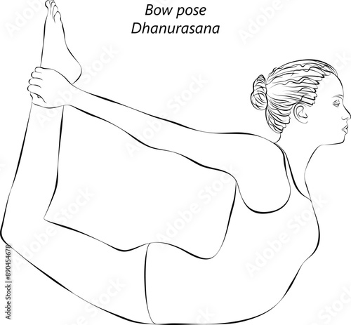 Sketch of young woman practicing Dhanurasana yoga pose. Bow pose. Intermediate Difficulty. Isolated vector illustration.