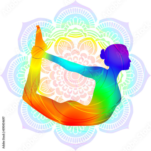 Colorful silhouette of woman practicing Dhanurasana yoga pose. Bow pose. Intermediate Difficulty. Isolated vector illustration