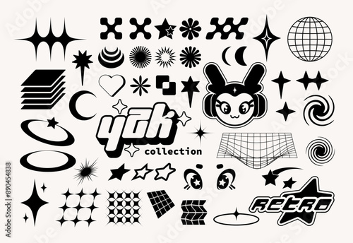 Set of retro futuristic Y2k elements for design. Trendy collection of simple shapes forms, symbols and characters. Isolated easy to edit.