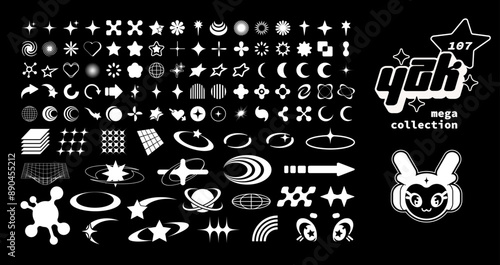 Retro futuristic Y2k elements for design. Mega collection of abstract graphic geometric shapes, symbols and objects. Perfect for posters, business cards, notes, banners, stickers, logo.