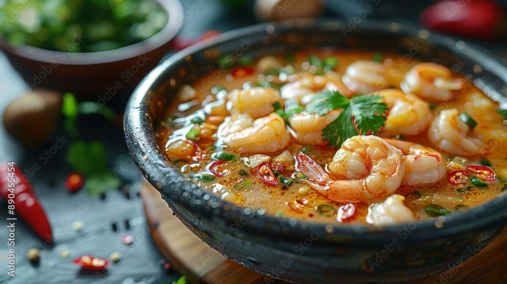 A vibrant bowl of Tom Yum soup with shrimp, garnished with coriander and chili, showcasing traditional Thai cuisine. A vibrant bowl of Tom Yum soup with shrimp, garnished with coriander and chili, showcasing traditional Thai cuisine.