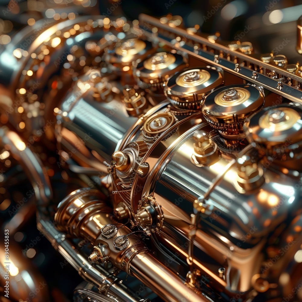 Fototapeta premium Intricate Steampunk Vintage Car Engine in Metallic Tones - 3D Rendering with Mechanical Details