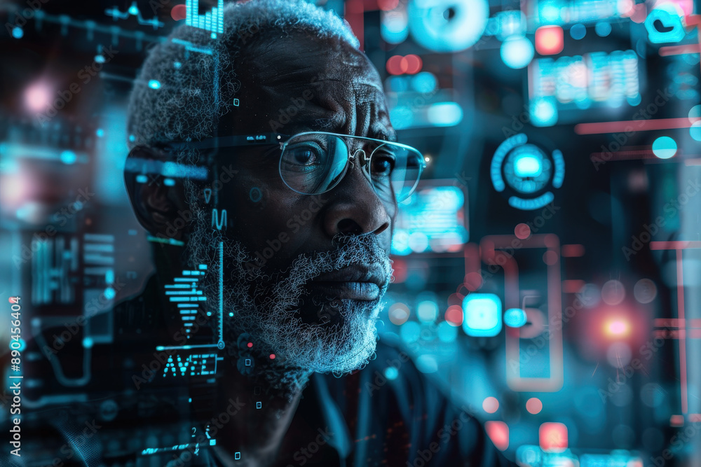 Senior Man Reflecting with Futuristic Digital Interface at Night Senior Man Reflecting with Futuristic Digital Interface at Night