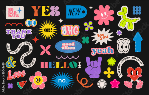 Collection of trendy retro patches, stickers, labels, tags, stamps. A balloon, a heart with legs, a cheerful flower. Yeah, thank you, good vibes, love. Groovy hipster 90s style stickers. 