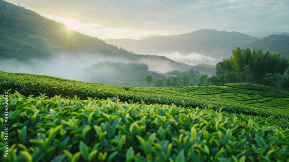 Fototapeta premium green fresh organic agriculture plantation tea garden field on hill with complex mountains farm in the morning sunrise.