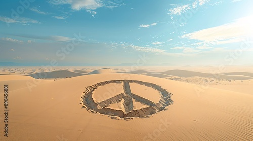 Sand dunes shaped into a peace sign, offering a tranquil desert backdrop with clear space for text customization, ideal for serene sandthemed peace day scenes photo