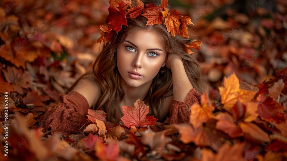 Captivating portrait woman adorned with vibrant autumn leaves crown in the onset of fall Captivating portrait woman adorned with vibrant autumn leaves crown in the onset of fall