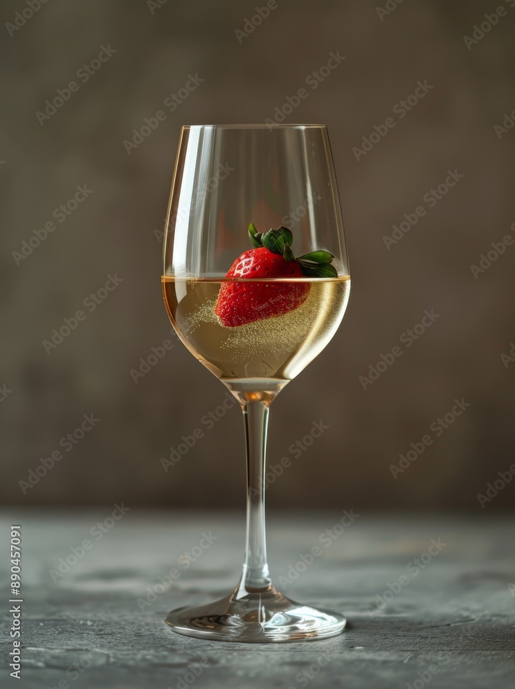 A Single Strawberry Submerged in White Wine in a Glass on a Gray Surface A Single Strawberry Submerged in White Wine in a Glass on a Gray Surface