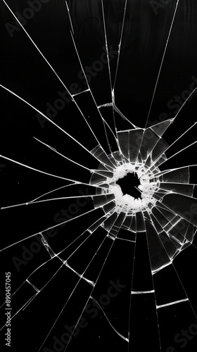 Shattered Glass with Radial Cracks
Close-up of shattered glass with radial cracks radiating from the impact point on a black background.