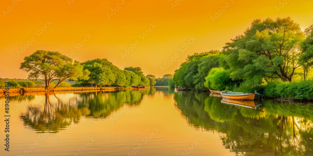 Summer evening Canal Scene with Boats Along the Water - Generative AI Summer evening Canal Scene with Boats Along the Water - Generative AI