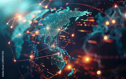 Abstract digital world map, concept of global network and connectivity on Earth, data transfer and cyber technology, information exchange and international telecommunication