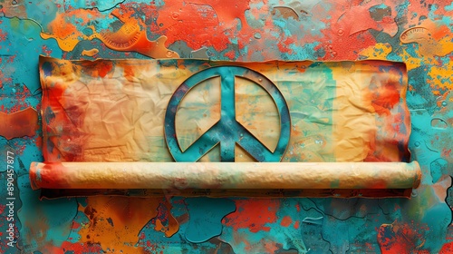 Scroll with a peace sign motif unfurled, offering a historical and decorative backdrop with ample space for adding text, perfect for scrollthemed peace day visuals photo