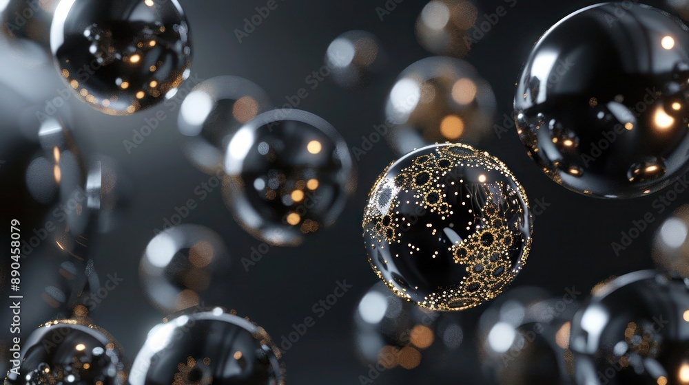 Floating metallic metaballs in deep charcoal grey and glossy black, highlighted with intricate gold details, creating a sleek abstract design. Floating metallic metaballs in deep charcoal grey and glossy black, highlighted with intricate gold details, creating a sleek abstract design.