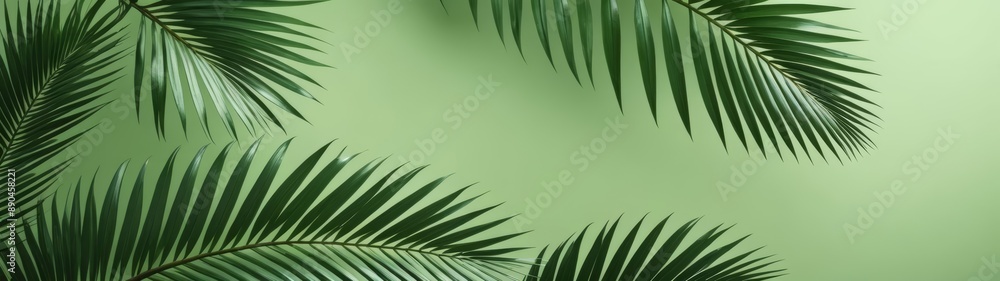 Fototapeta premium A minimalist design featuring palm leaves on a soft green background, evoking a serene tropical ambiance.